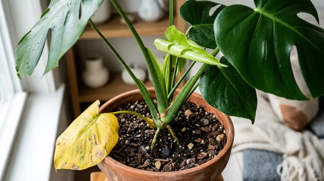 最下段の葉だけが黄色くなった観葉植物の株元