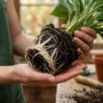 鉢から抜いた観葉植物の根。白い根と黒く傷んだ根が混ざっている
