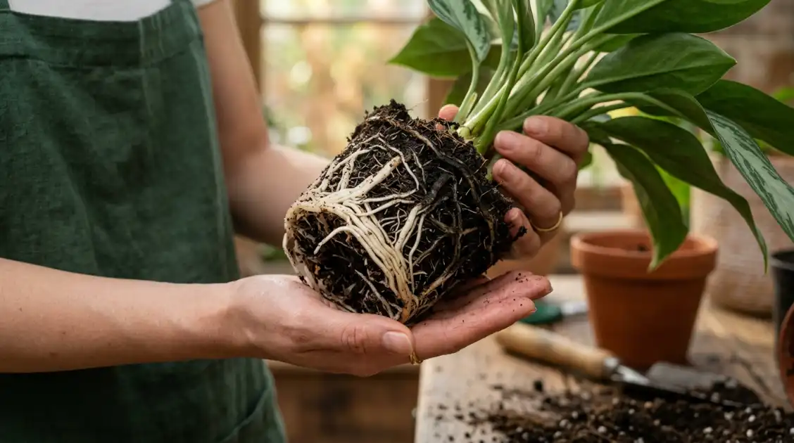 鉢から抜いた観葉植物の根。白い根と黒く傷んだ根が混ざっている
